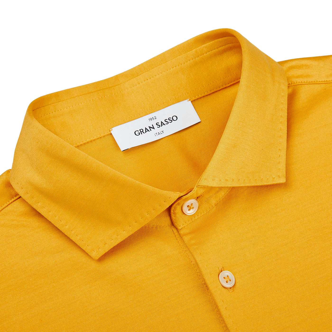 A seasonal Bright Yellow Cotton Filo Scozia polo shirt made of cotton with a label on the collar by Gran Sasso.