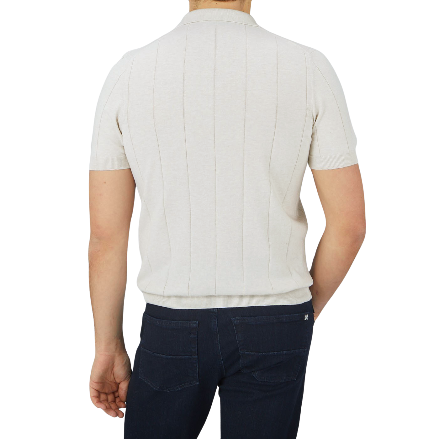 The back view of a man wearing a short-sleeved Gran Sasso Cream Cotton Capri Collar Polo Shirt.