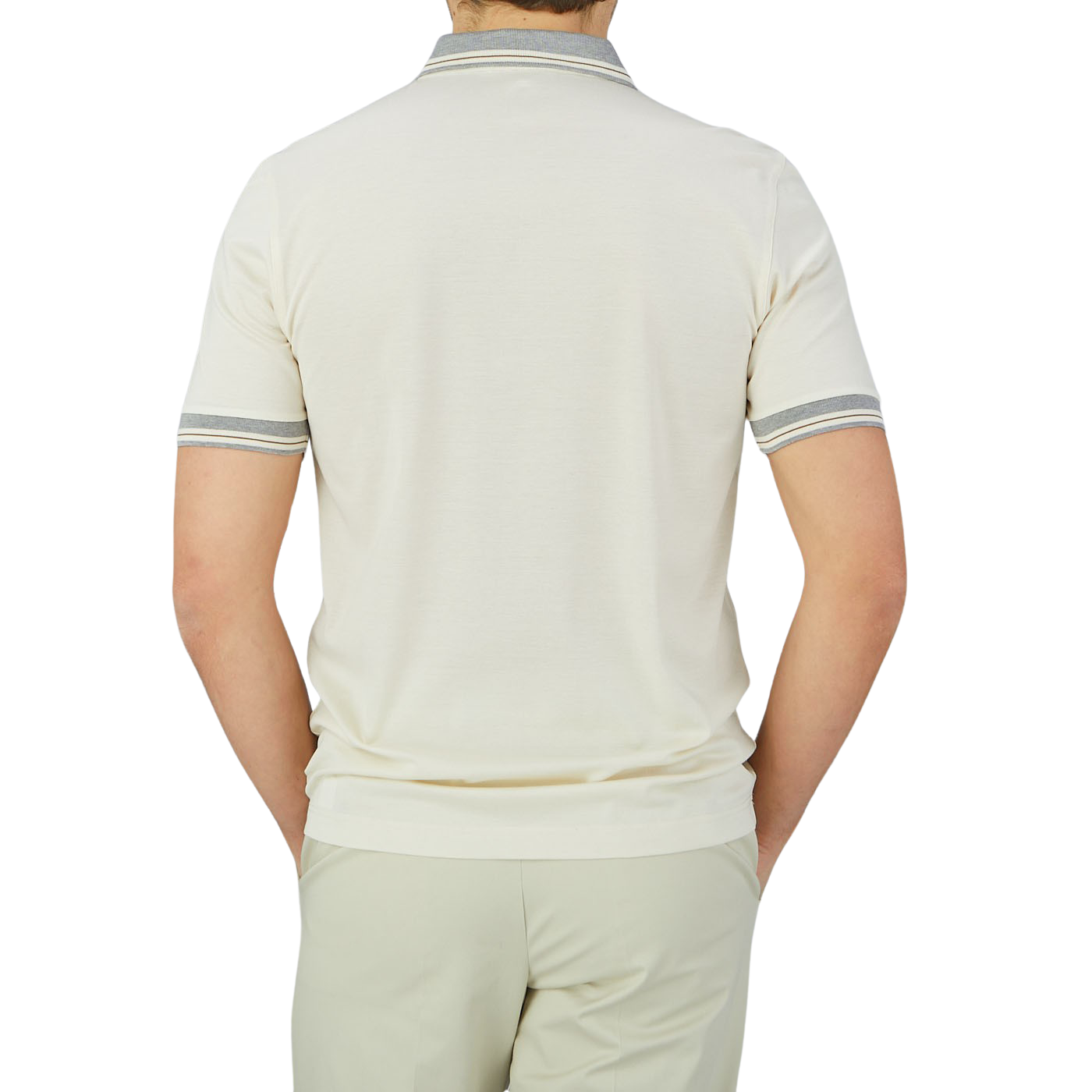 The back view of a man wearing a Gran Sasso Cream Beige Filo Scozia Zip Polo Shirt.