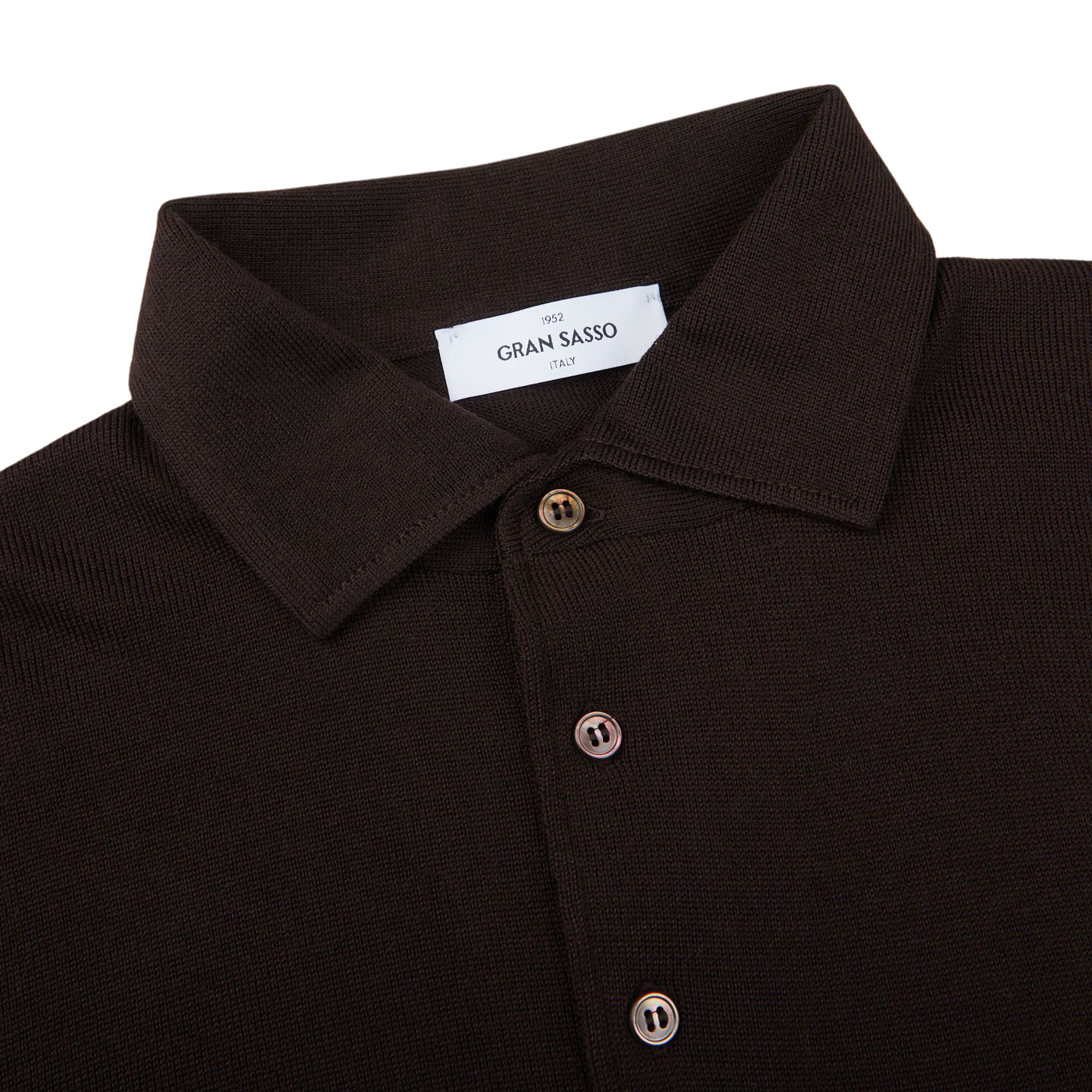 A close up of a dark Brown Merino Wool One-Piece Collar Polo Shirt by Gran Sasso.