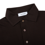 A close up of a dark Brown Merino Wool One-Piece Collar Polo Shirt by Gran Sasso.