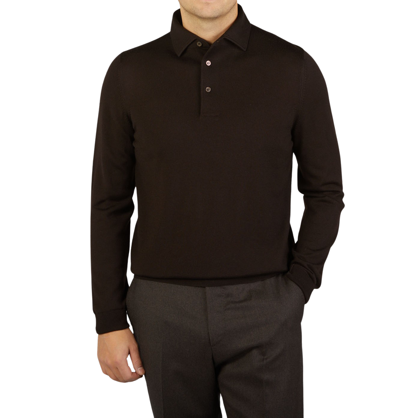 A man wearing a dark Brown Merino Wool One-Piece Collar Gran Sasso polo shirt.