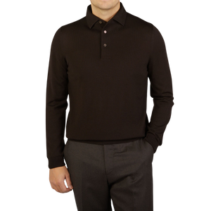 A man wearing a dark Brown Merino Wool One-Piece Collar Gran Sasso polo shirt.
