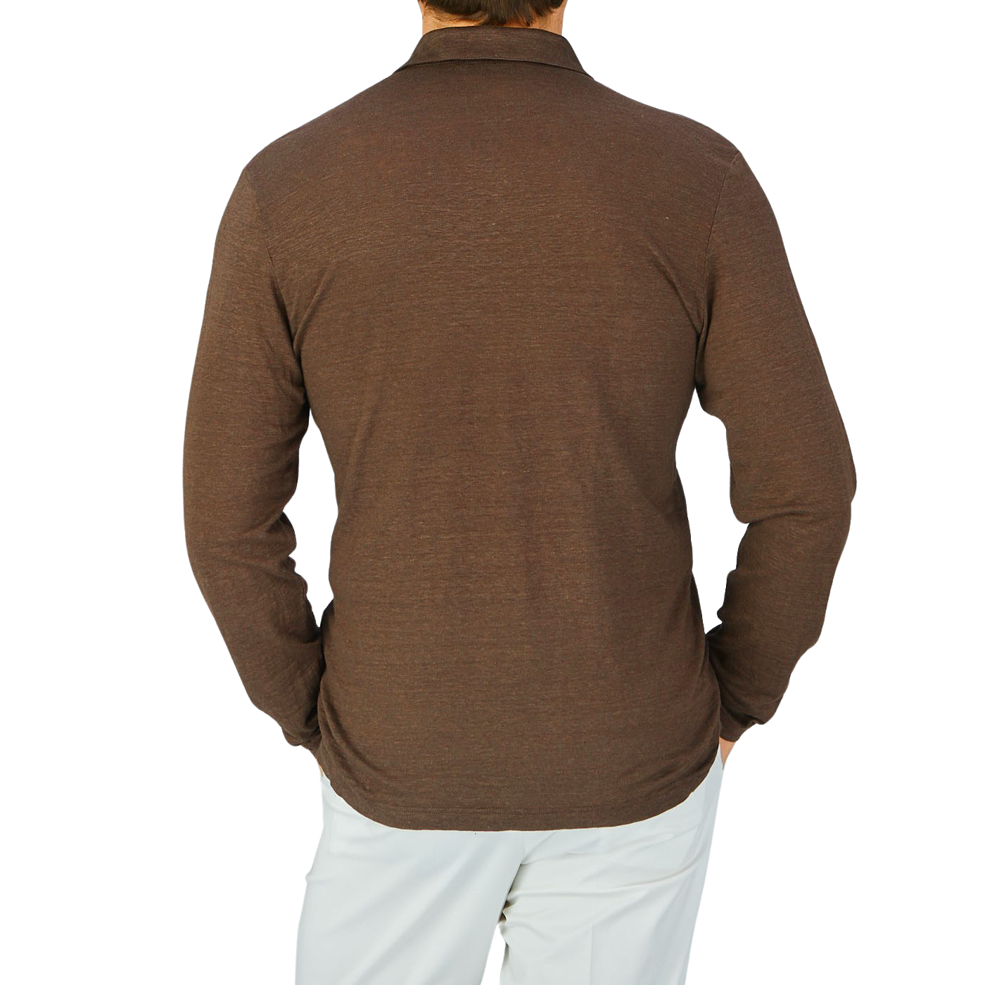 The back view of a man wearing a Gran Sasso Dark Brown Knitted Linen LS Polo Shirt.