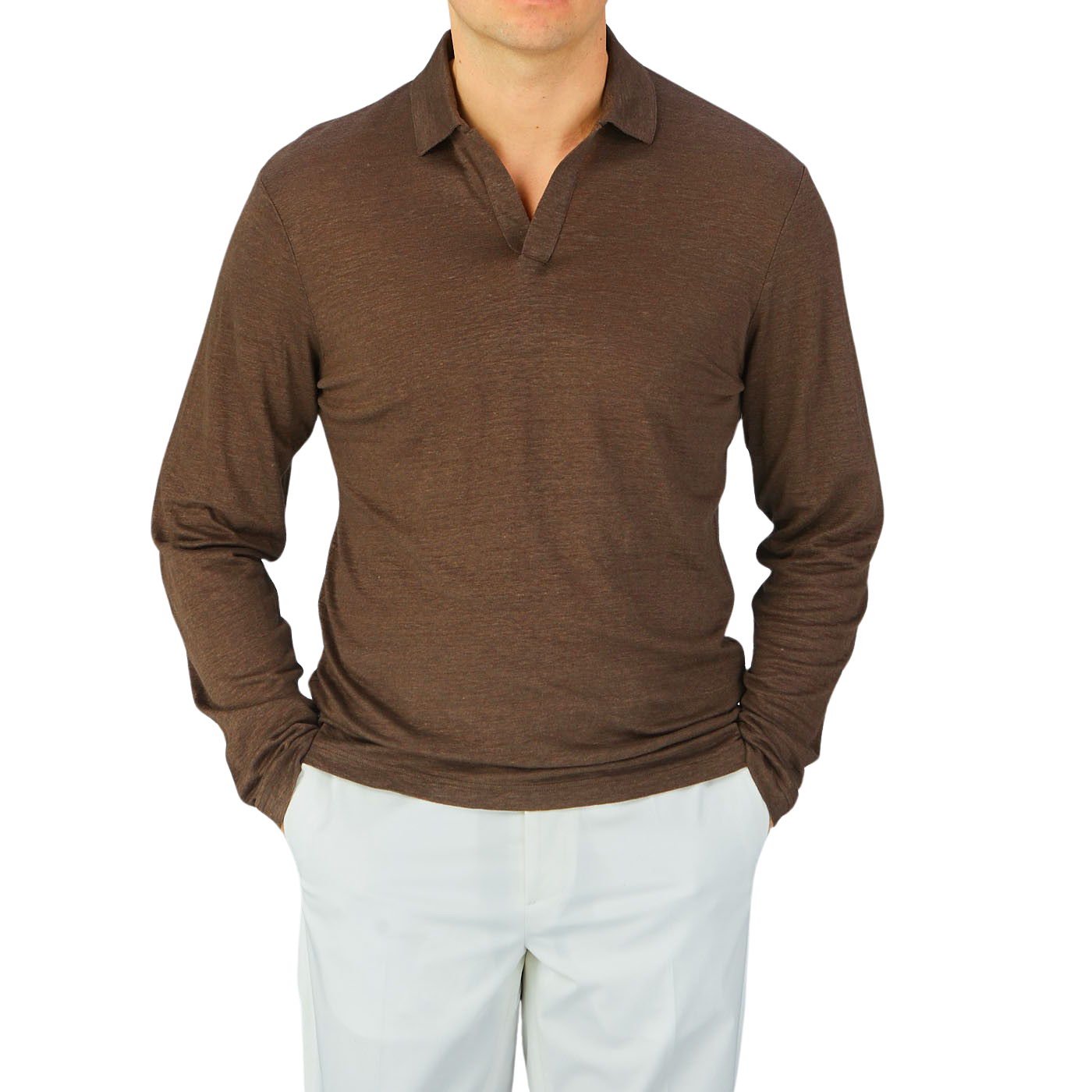 A man wearing a Gran Sasso Dark Brown Knitted Linen LS Polo Shirt.