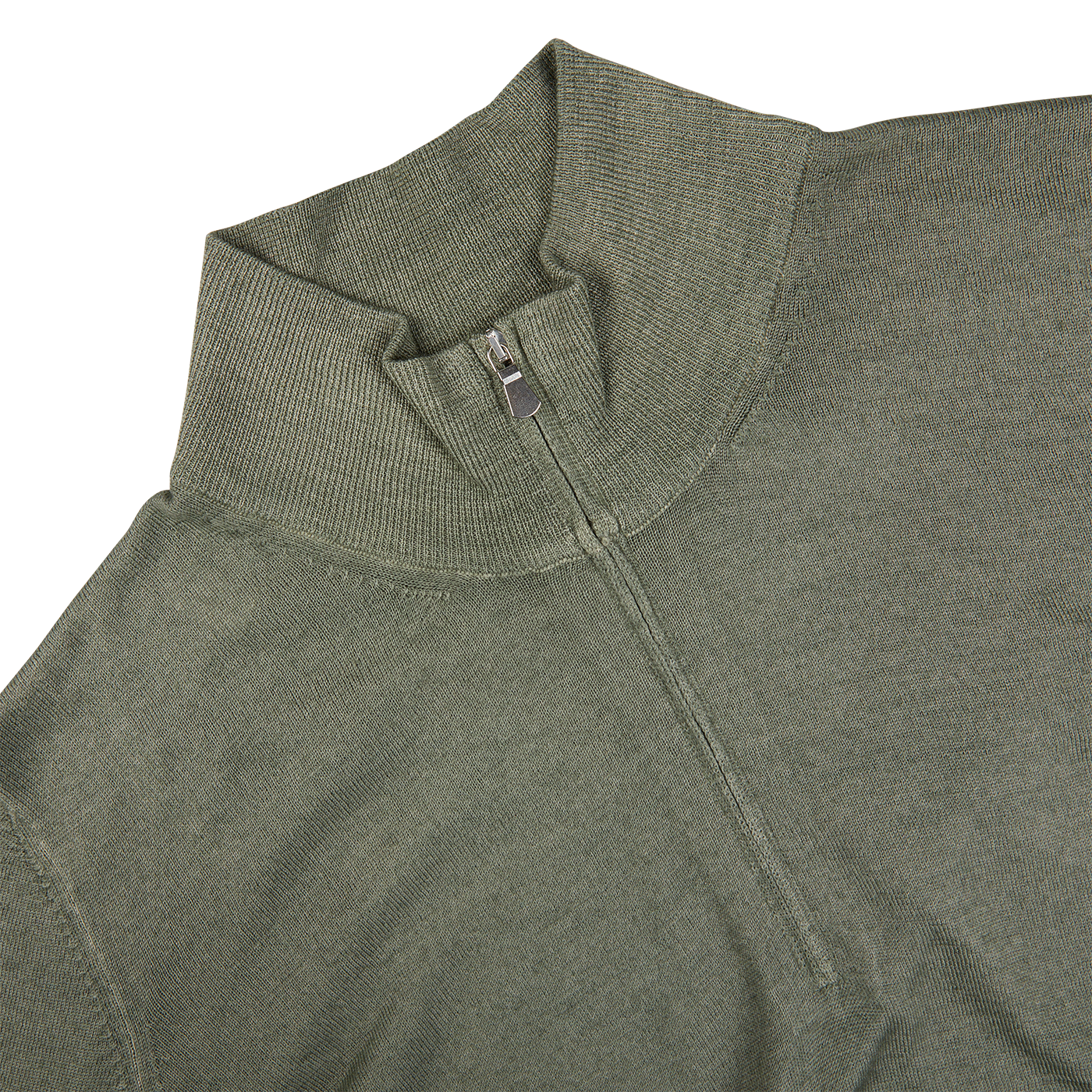 A close up of a Grass Green Vintage Merino Wool 1/4 Zip Sweater with a zipper by Gran Sasso.