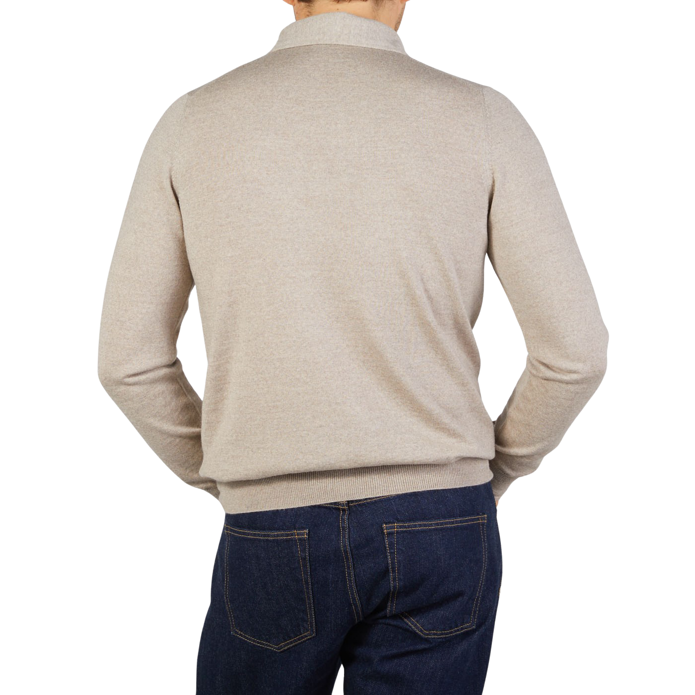 The back view of a man wearing a Gran Sasso Light Beige Merino Wool One-Piece Collar Polo Shirt and jeans.
