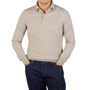 A man wearing a Light Beige Merino Wool One-Piece Collar Polo Shirt by Gran Sasso.