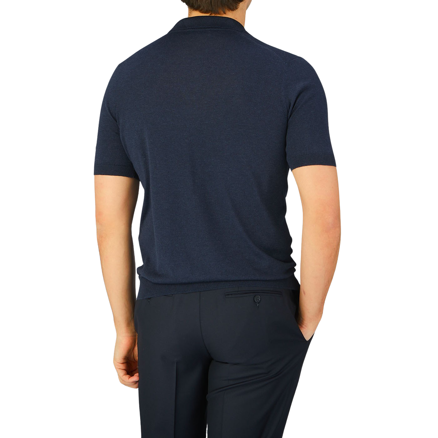 The back view of a man wearing a Gran Sasso Navy Blue Knitted Silk Polo Shirt.