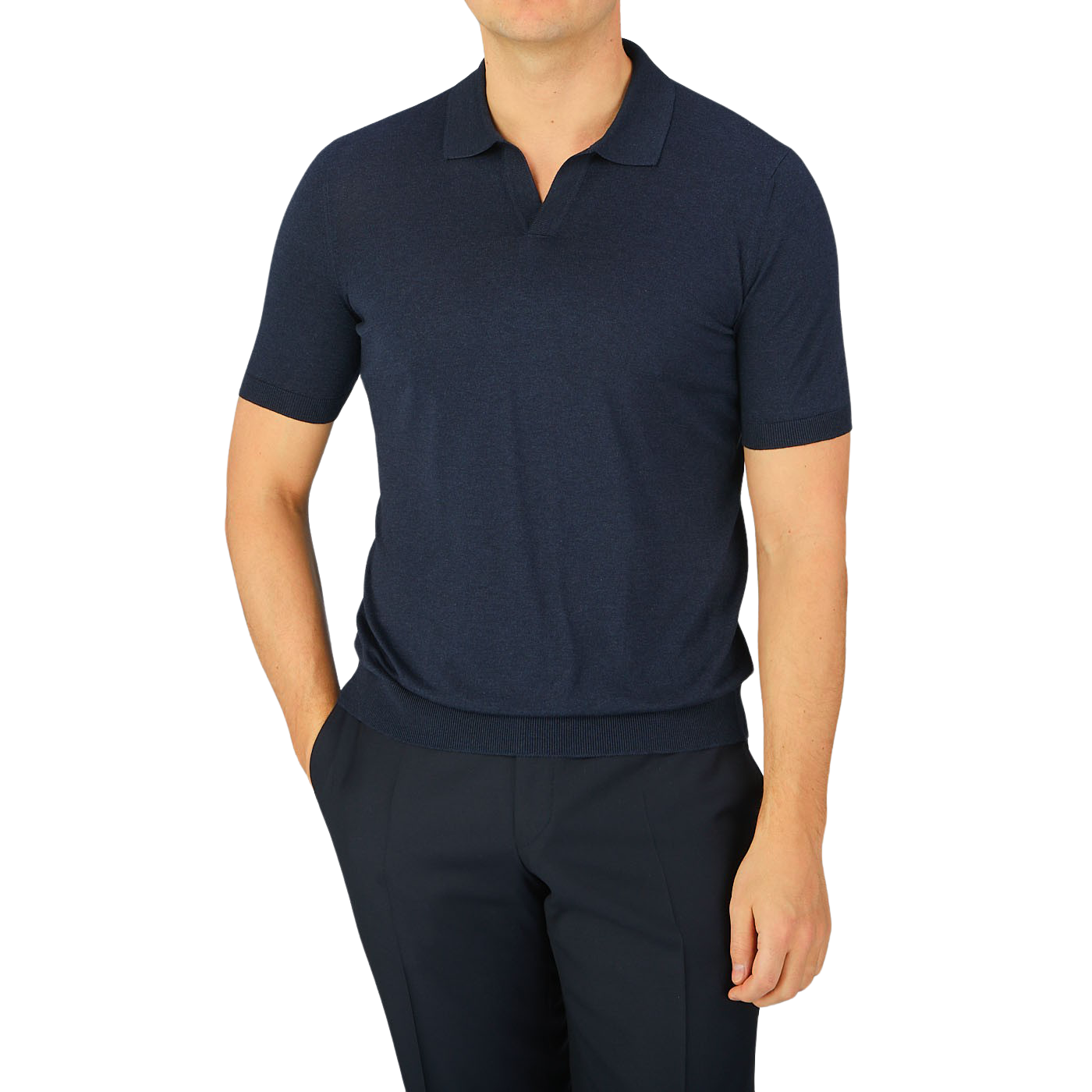 A man wearing a Gran Sasso Navy Blue Knitted Silk Polo Shirt.
