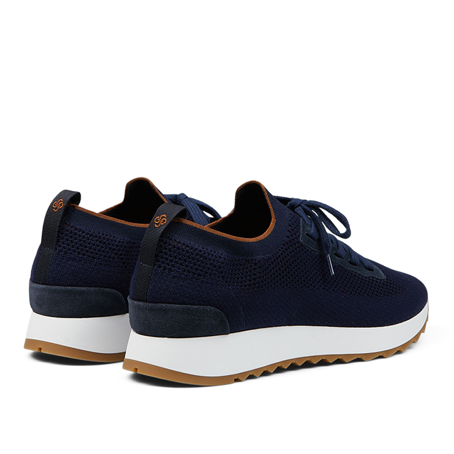 A pair of Gran Sasso navy blue technical knitted nylon trainers with white soles and brown accents.