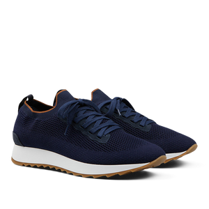 A pair of Gran Sasso navy blue technical knitted nylon trainers with white soles, lightweight shoes.