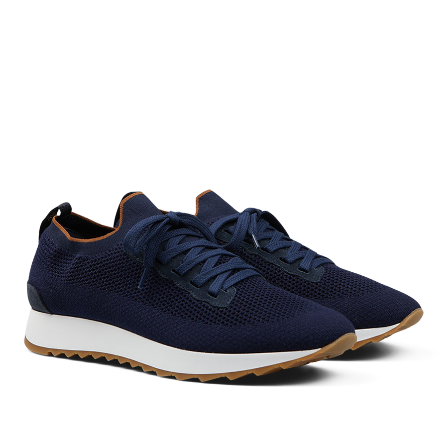 A pair of Gran Sasso navy blue technical knitted nylon trainers with white soles, lightweight shoes.