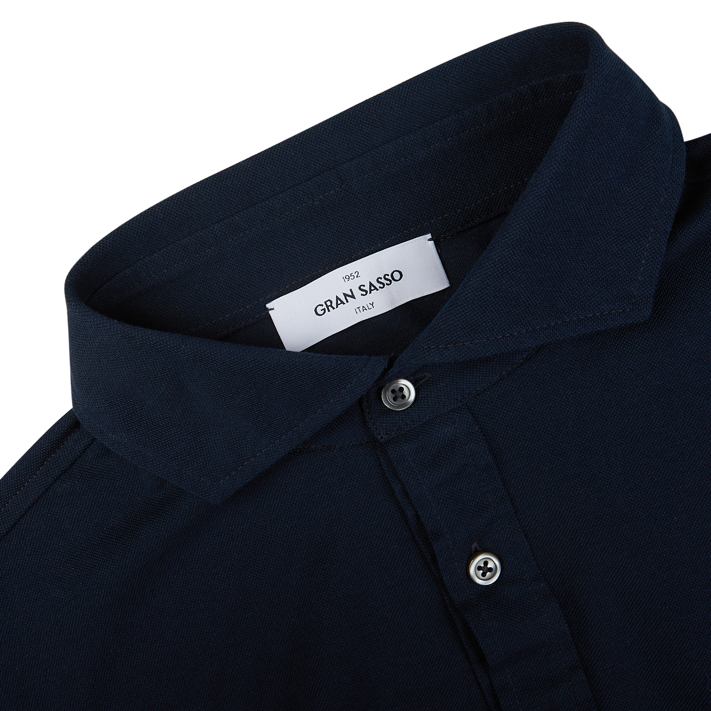 Close-up of a navy Gran Sasso popover cotton jersey shirt collar with a 'Gran Sasso' brand label.