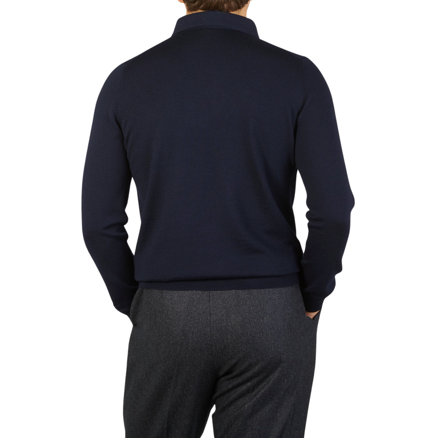 The back view of a man wearing a Gran Sasso Navy Merino Wool One-Piece Collar Polo Shirt.