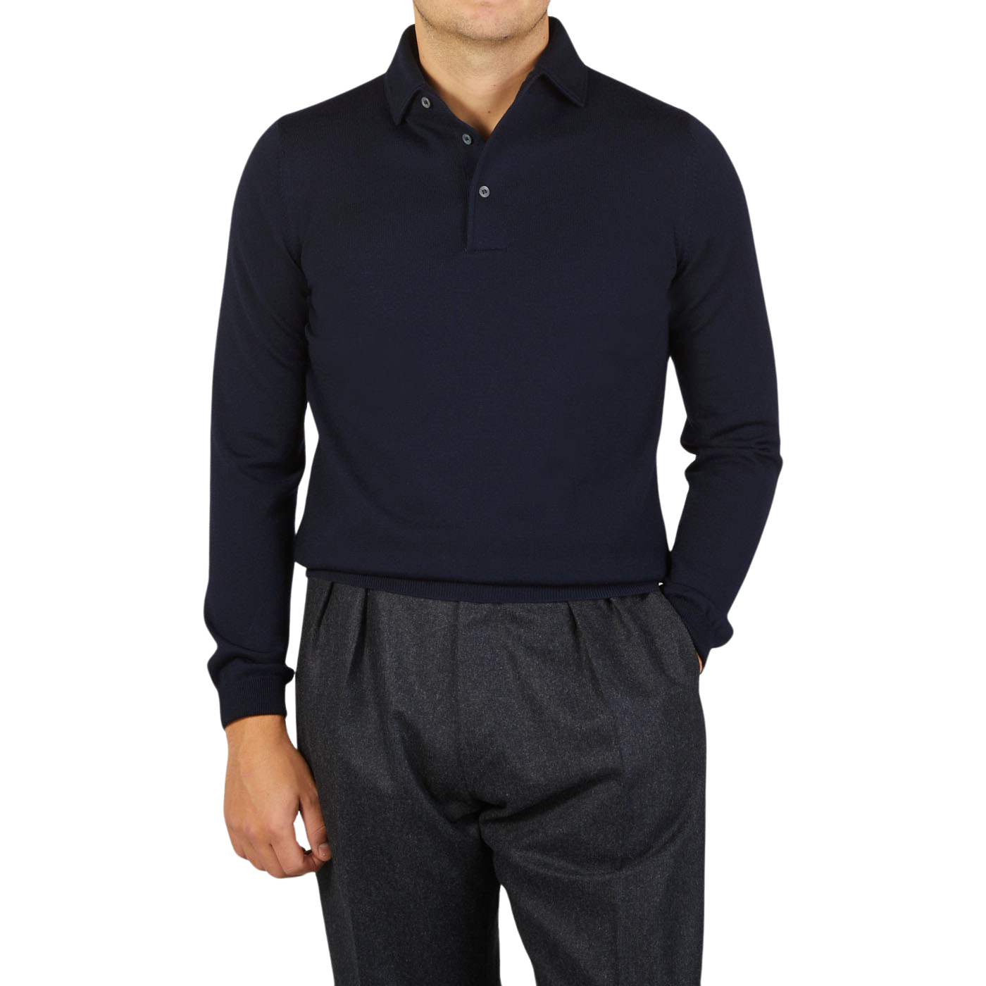 A man wearing a Gran Sasso Navy Merino Wool One-Piece Collar Polo Shirt and grey pants.