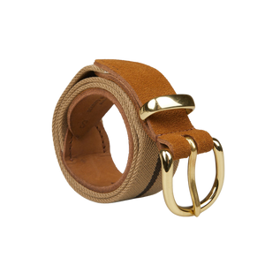 A Beige Brown Striped Canvas Cognac Suede 35mm Belt with a gold buckle by Hardy & Parsons.
