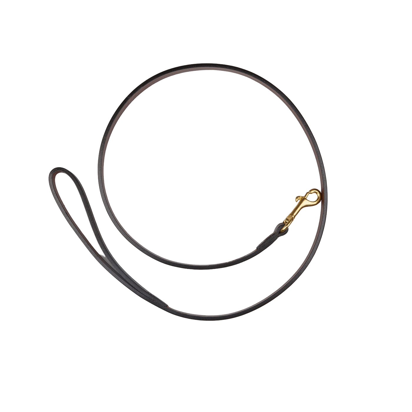A Dark Brown Saddle Leather Dog Leash with a gold hook, made by Hardy & Parsons.
