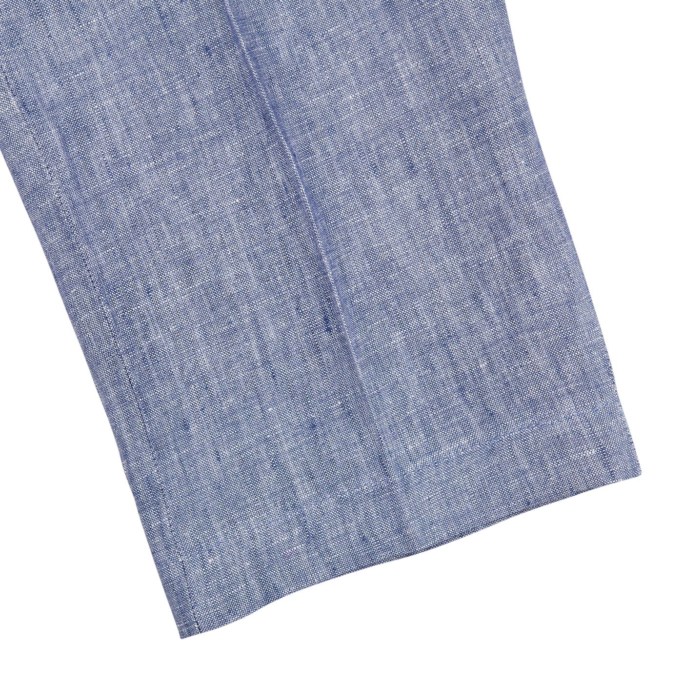 Close-up of a folded light blue melange linen fabric with a visible texture, isolated on a white background.