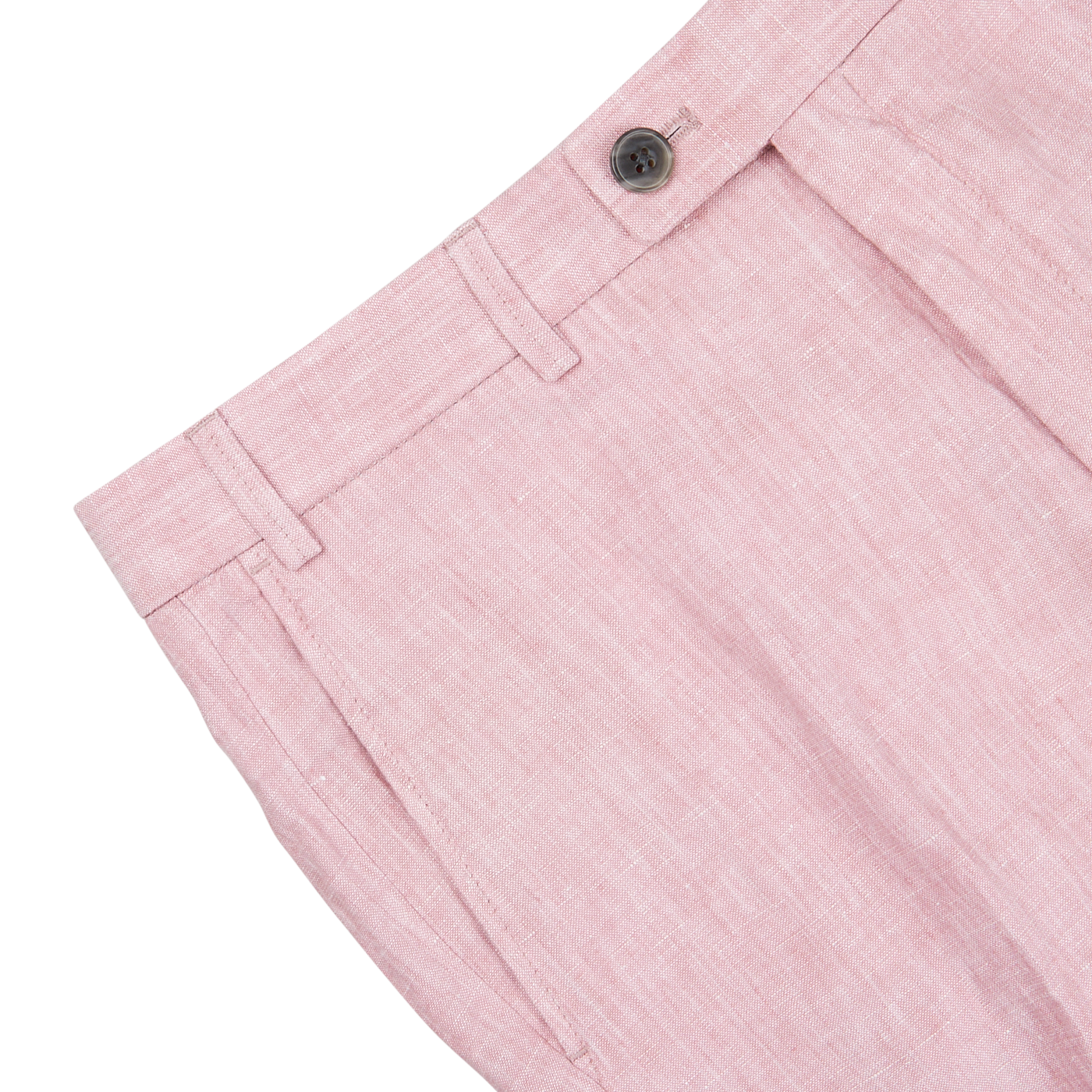 Close-up of Light Pink Washed Linen Regular Fit Chinos by Hiltl with detailed view of waistband, pleats, and a button closure on a light gray background.