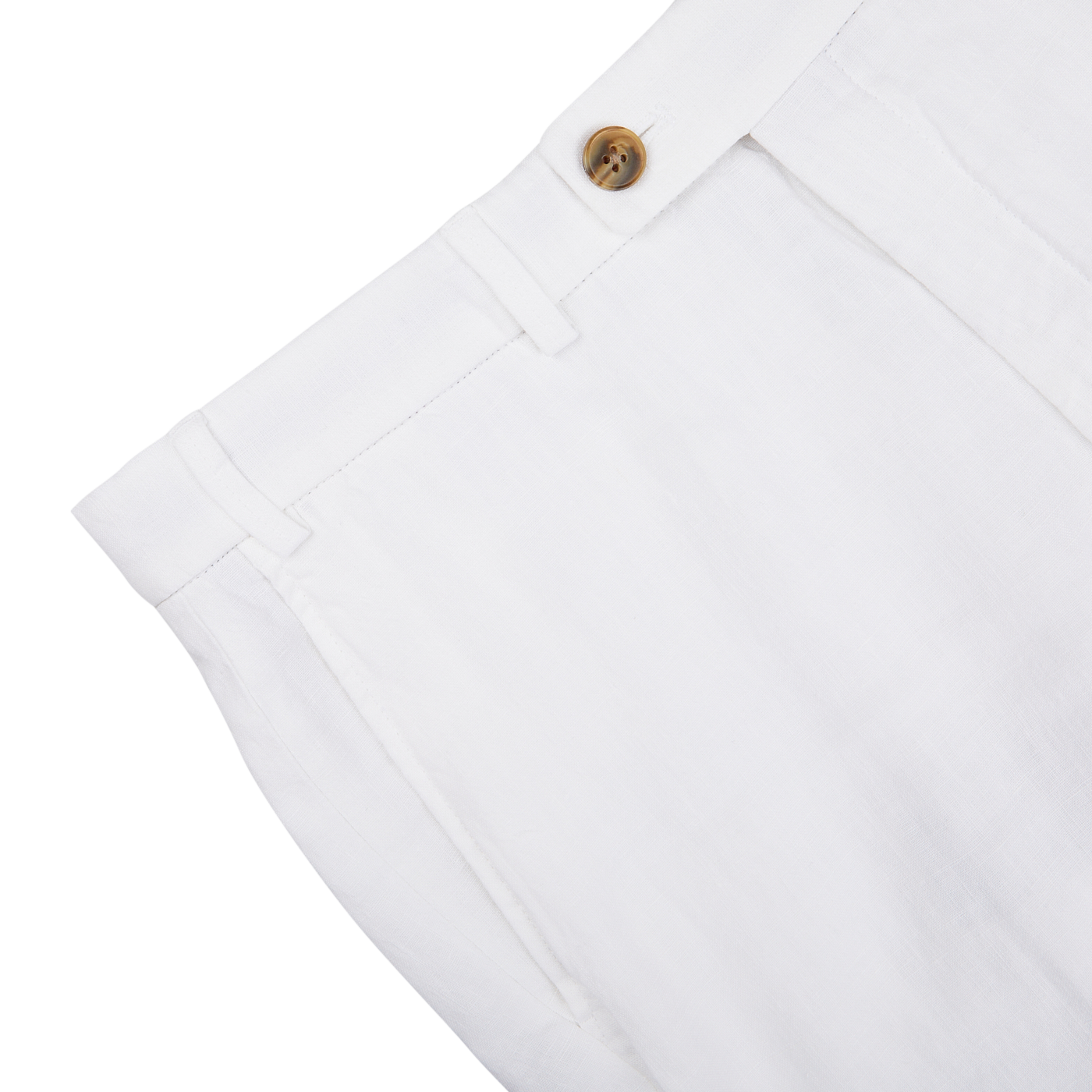 Close-up of a Hiltl white washed linen regular fit chinos waistband with a button closure on a gray background.