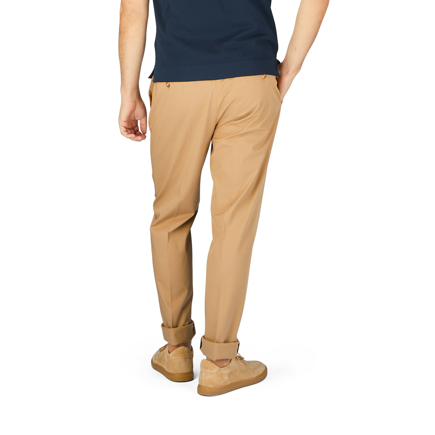 Man standing in a half-body profile view, wearing a navy blue t-shirt and beige Incotex Cotton Stretch Regular Fit chinos with tan shoes, against a plain background.