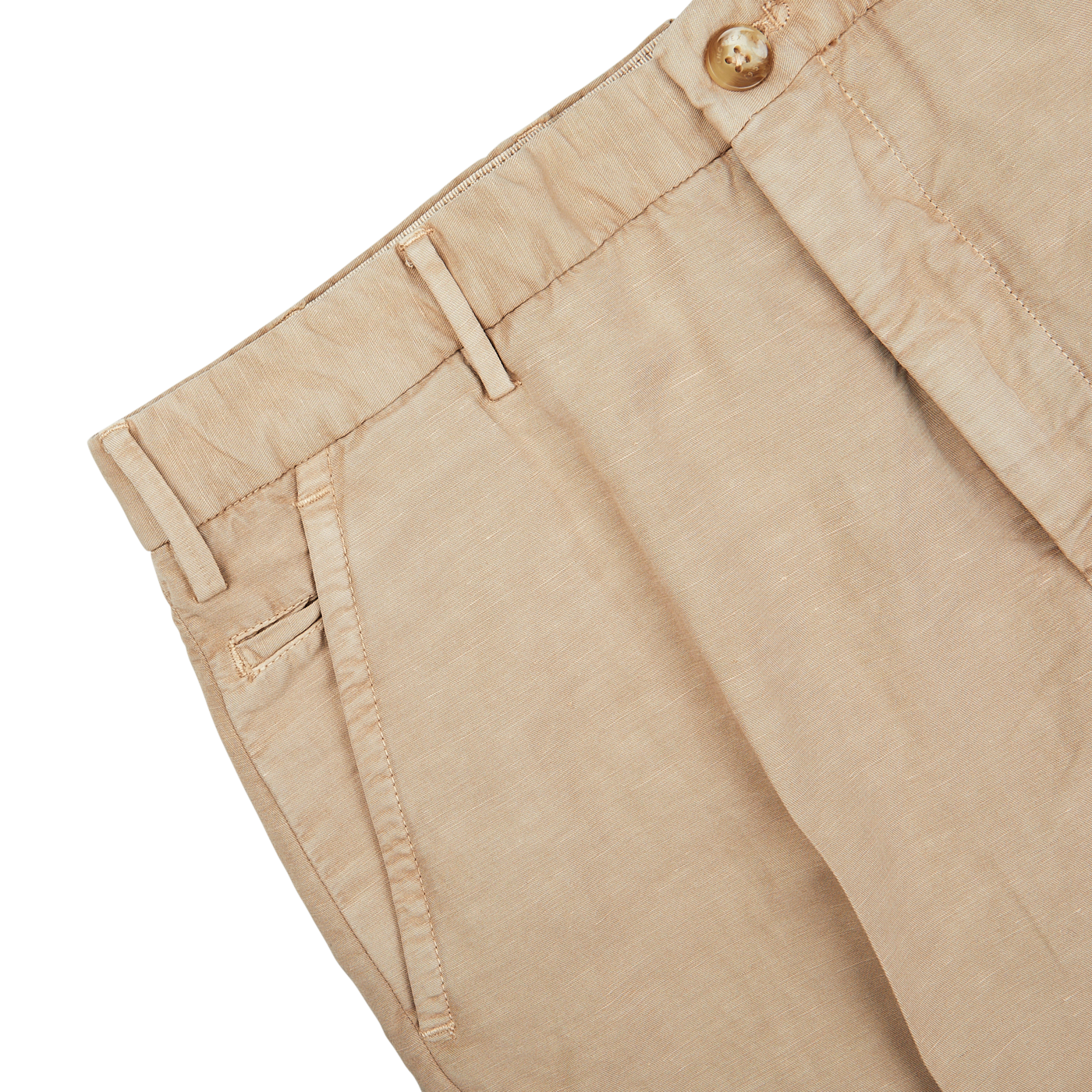 Sentence with replaced product name and brand name: Light Beige Chinolino Straight Fit Trousers by Incotex with a button and pocket detail displayed on a white background.