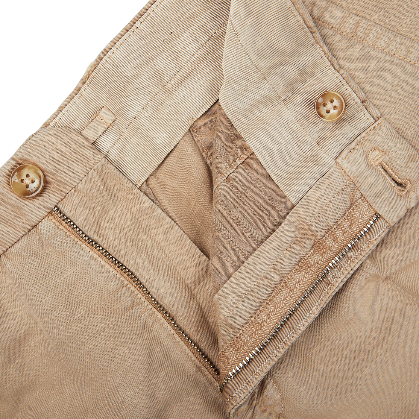 Close-up of a light beige Incotex Chinolino Straight Fit Trousers with a zipper, button, and textured cotton-linen fabric.