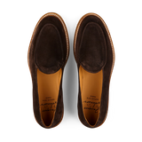 Pair of Dark Brown Suede Leather Alexis Loafers by Jacques Soloviére Paris with a modern silhouette viewed from above on a plain background.