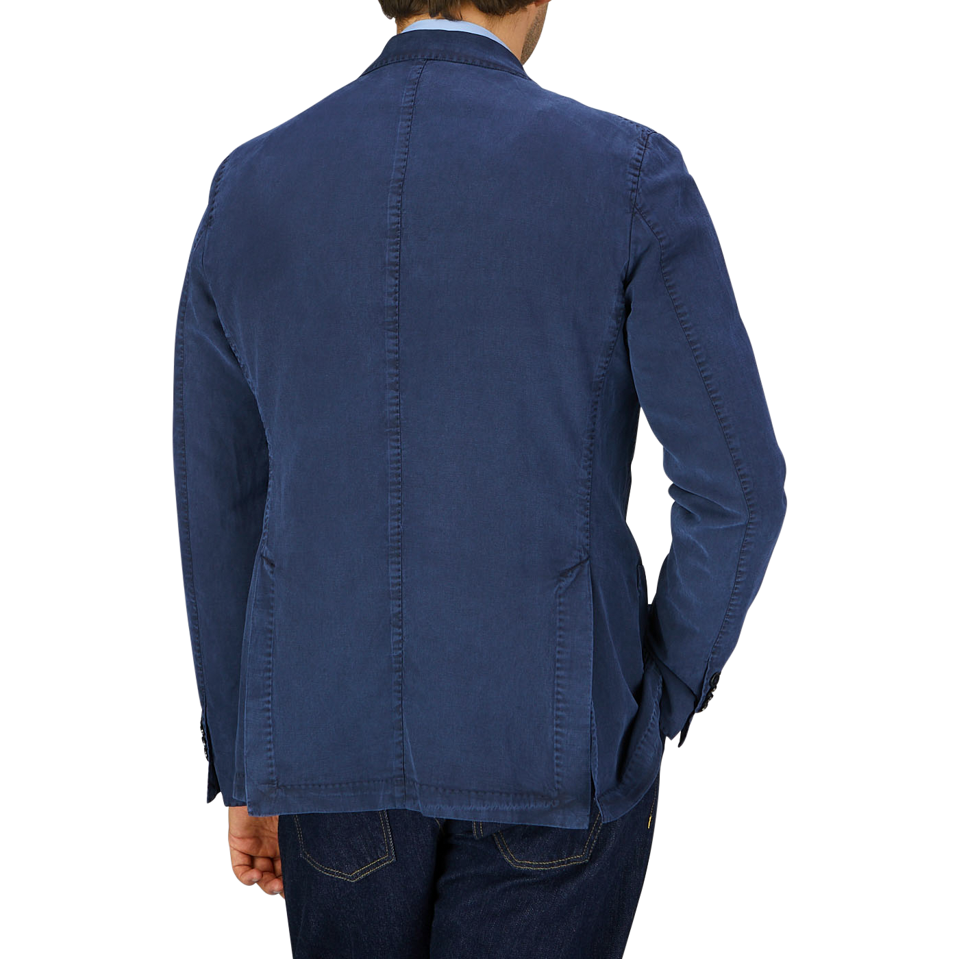 A man seen from the back wearing a Navy Blue Washed Cotton Linen Blazer and jeans, both reflecting exquisite Italian tailoring by L.B.M. 1911.