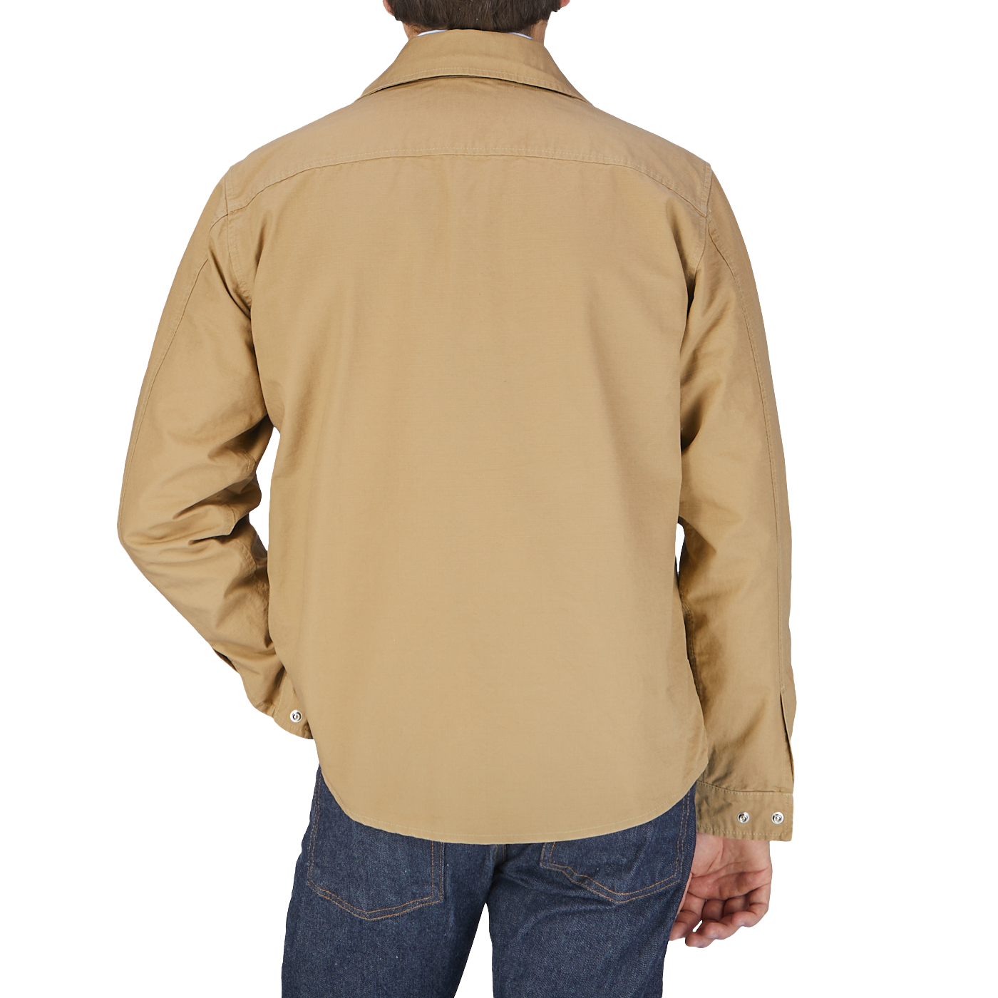 The back view of a man wearing a Camel Beige Cotton Ripstop Country Overshirt by Manifattura Ceccarelli.