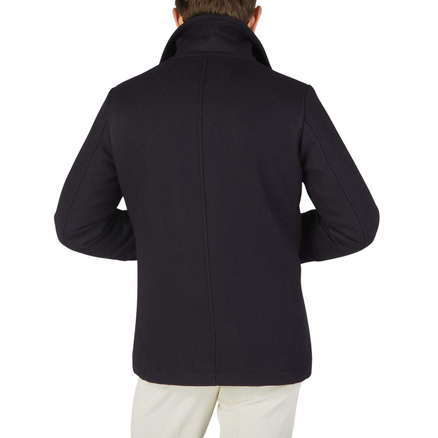 The back view of a man wearing a Navy Blue Heavy Wool Casentino Peacoat by Manifattura Ceccarelli.