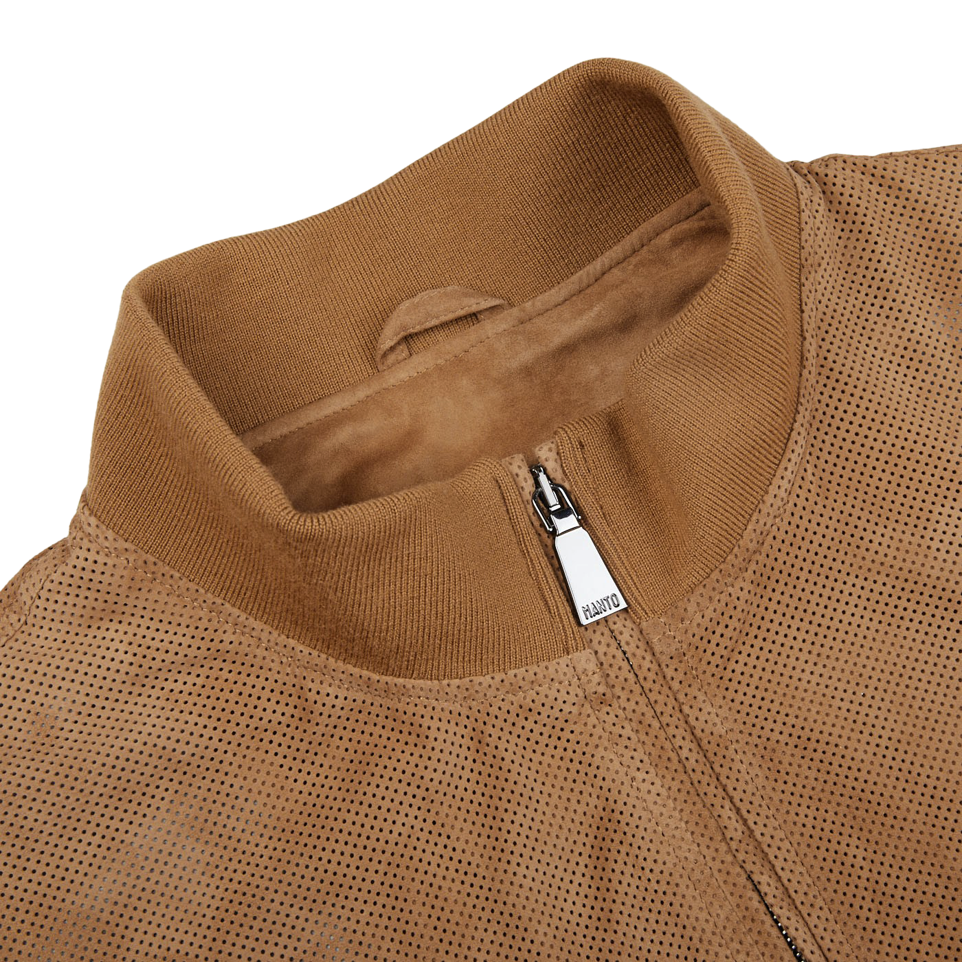 An exquisite Manto Tobacco Brown Perforated Suede Leather Blouson jacket featuring perforated suede leather.