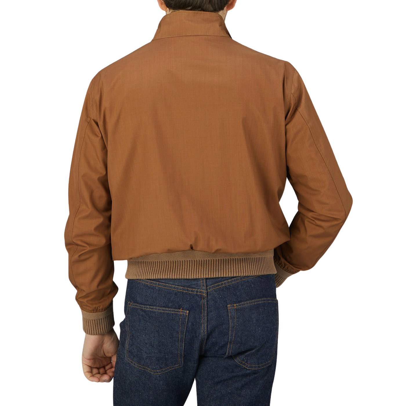 The back view of a man wearing a Manto Tobacco Reversible Loro Piana Wool Silk Blouson.