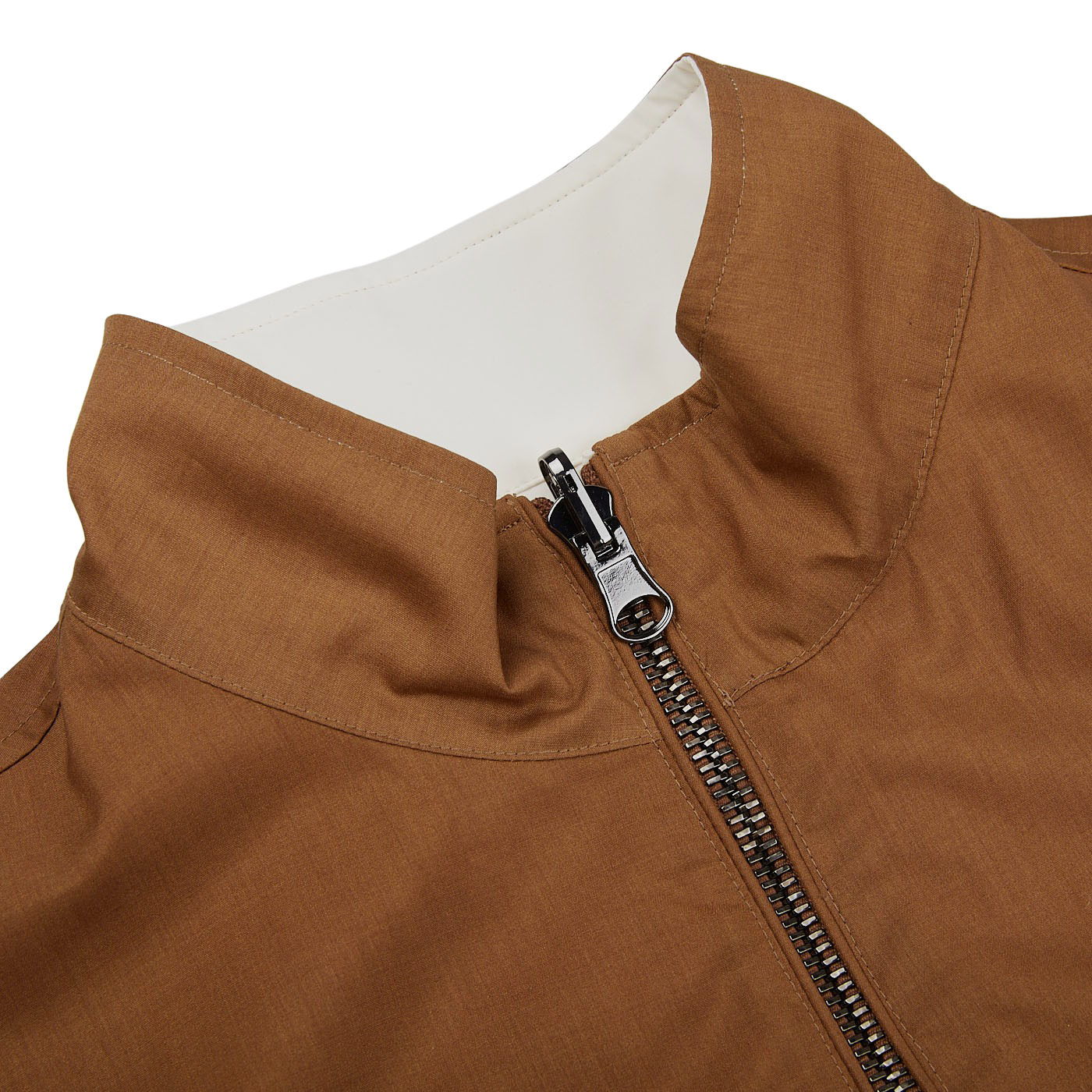 A Manto Tobacco Reversible Loro Piana Wool Silk Blouson zippered jacket with a reversible feature.