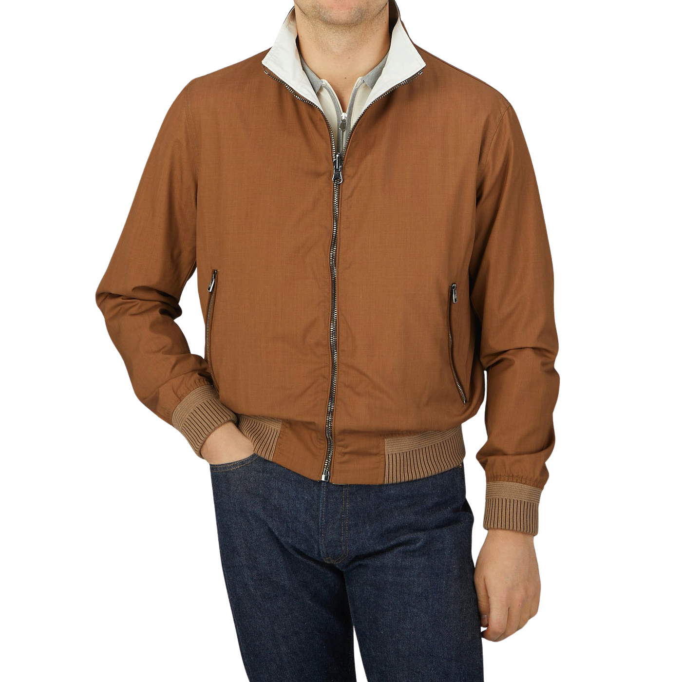 A man wearing a Manto Tobacco Reversible Loro Piana Wool Silk Blouson bomber jacket.