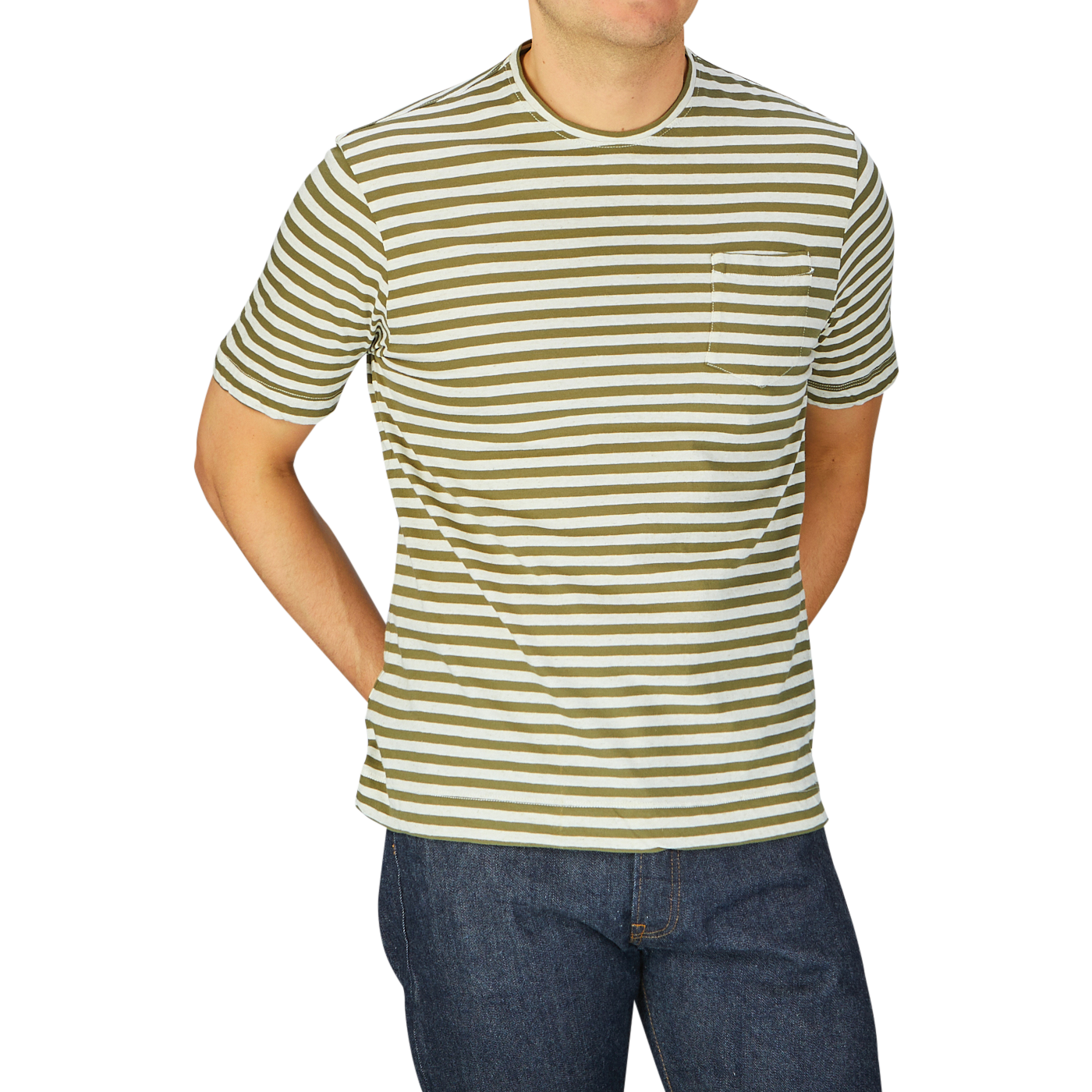 Man wearing a Massimo Alba olive green striped cotton linen t-shirt and jeans against a grey background.