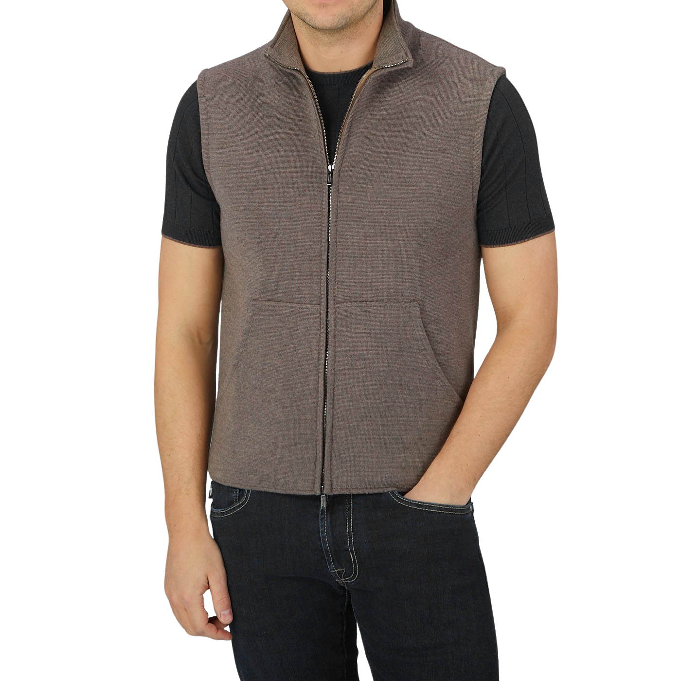 A man wearing a Maurizio Baldassari Dark Beige Milano Stitch Wool Zip Gilet and a black t-shirt.