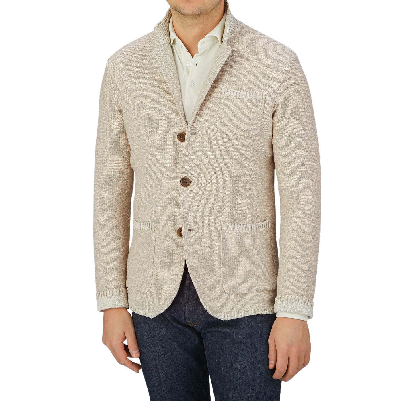 Maurizio Baldassari, a man wearing a Maurizio Baldassari slim fit Beige Melange Cotton Mouline Knitted Jacket and jeans.