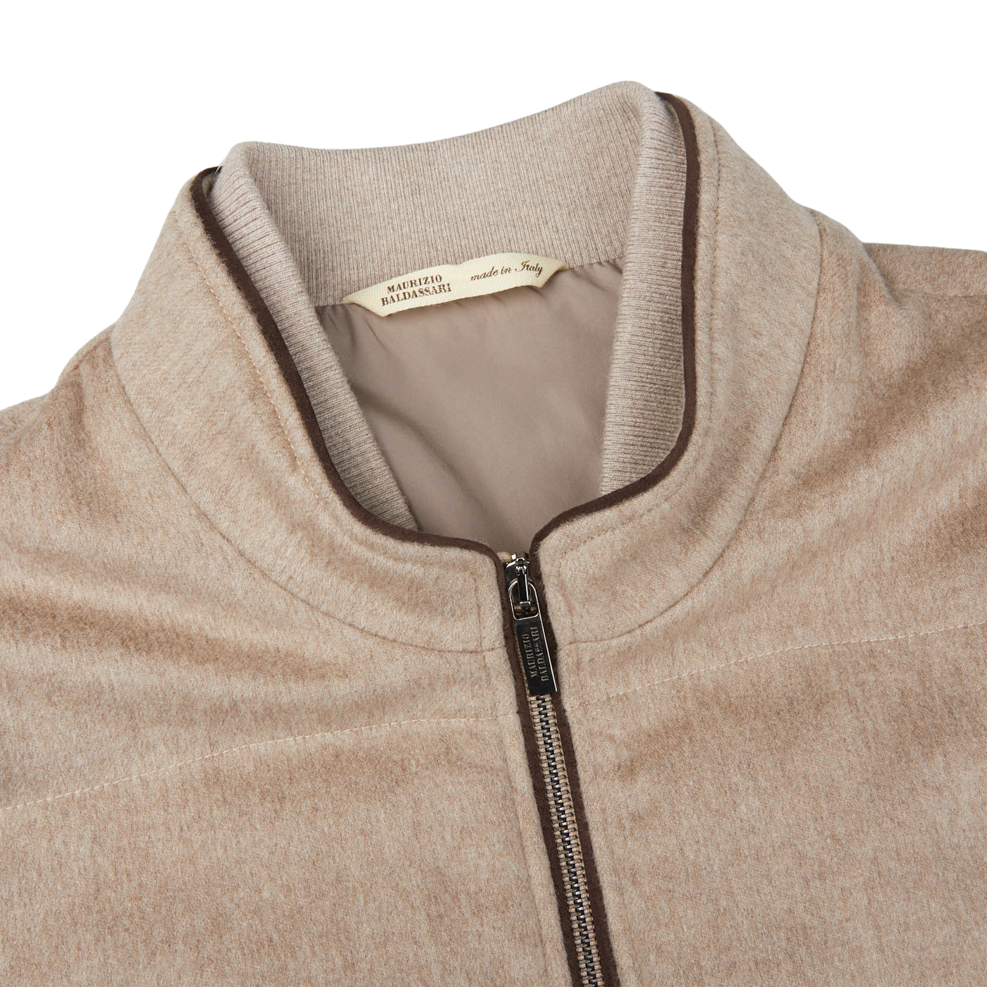 A Maurizio Baldassari Beige Water Repellent Pure Cashmere Gilet with a zipper on the front.