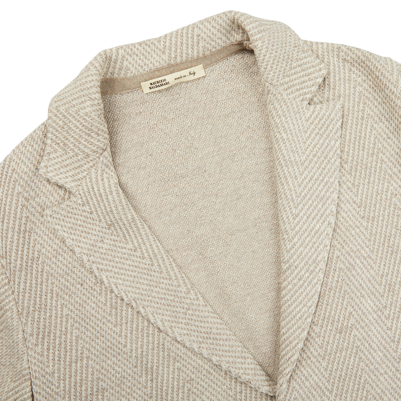 A Brown Herringbone Silk Cotton Linen Swacket by Maurizio Baldassari on a white background.