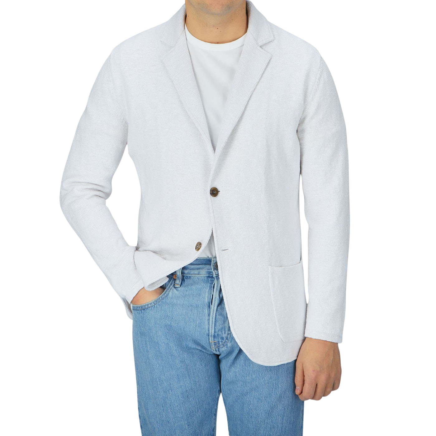A man wearing a Maurizio Baldassari Cream White Cotton Mouline Swacket and jeans.