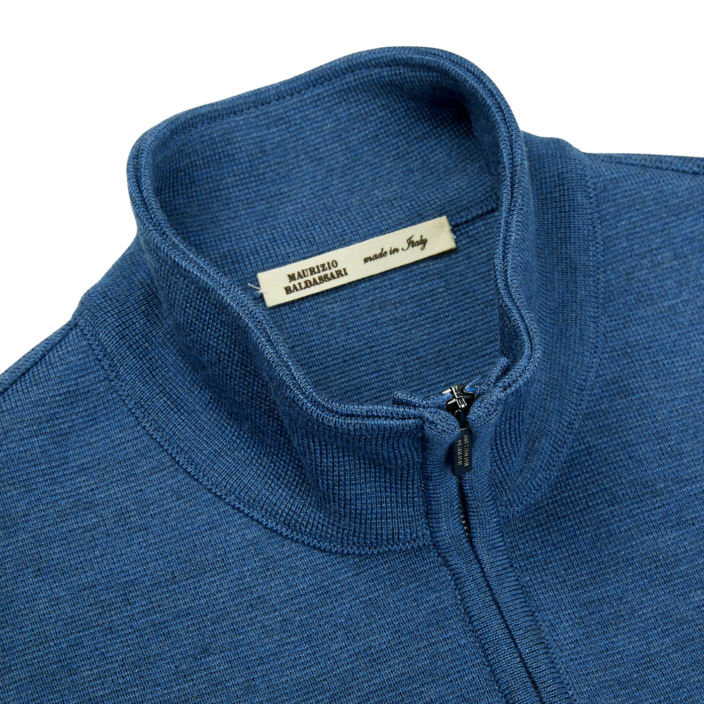 A close up of a Denim Blue Milano Stitch Wool Zip Gilet by Maurizio Baldassari.
