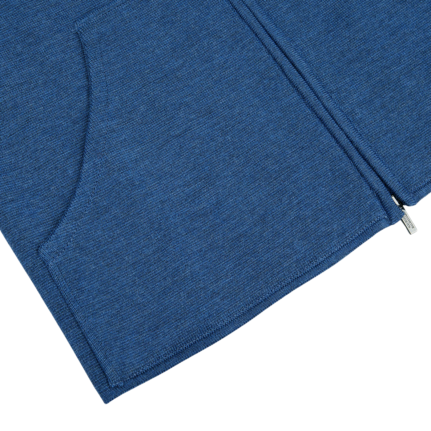 A Maurizio Baldassari Denim Blue Milano Stitch Wool Zip Gilet with a zippered pocket.