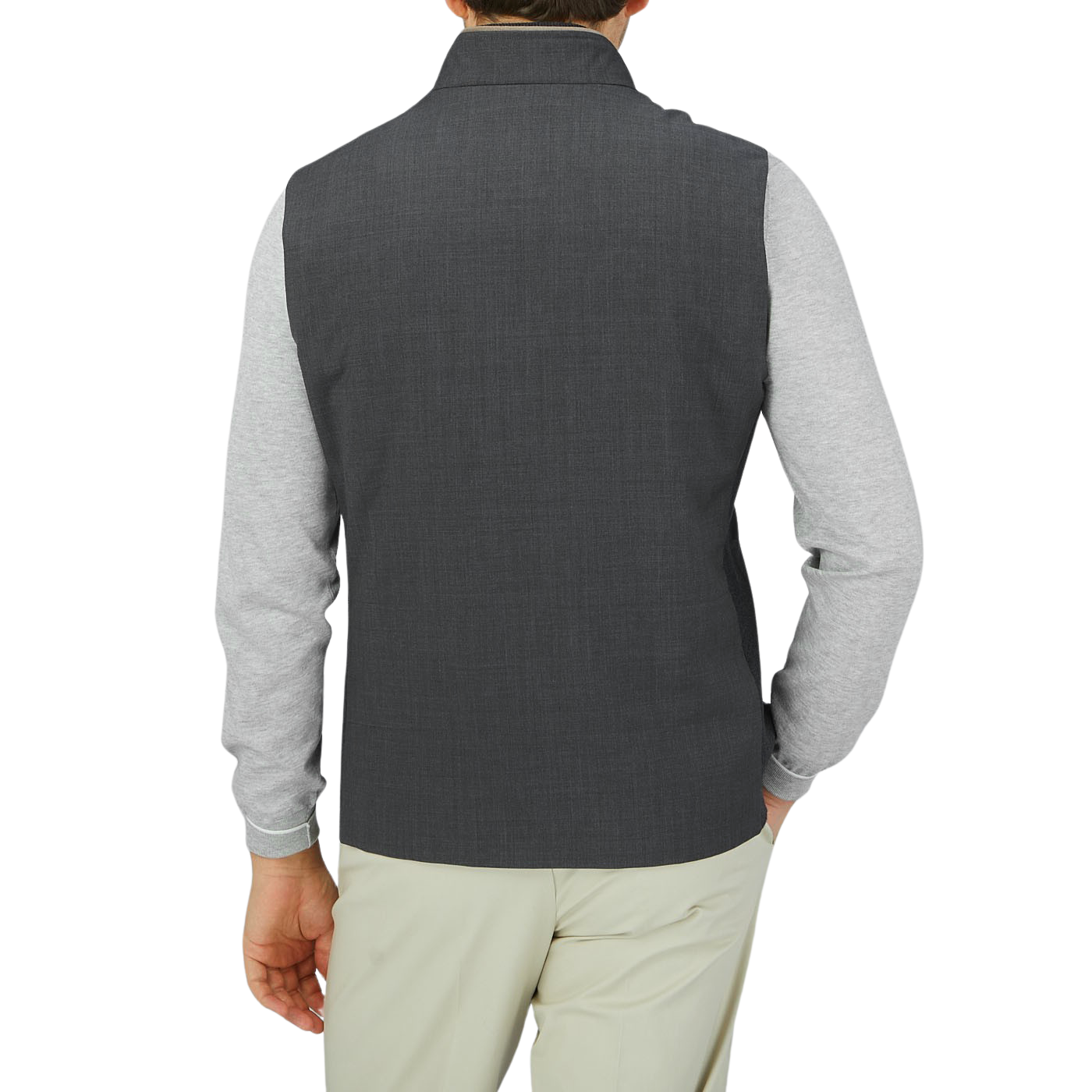 The back view of a man wearing a Maurizio Baldassari Charcoal Grey Merino Wool Travel Gilet.