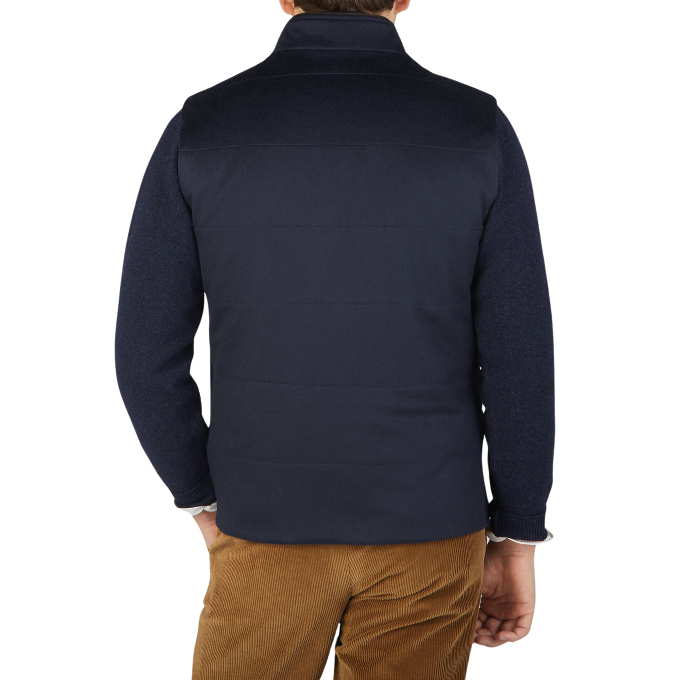 The Maurizio Baldassari Navy Water Repellent Pure Cashmere Gilet on a man's back.
