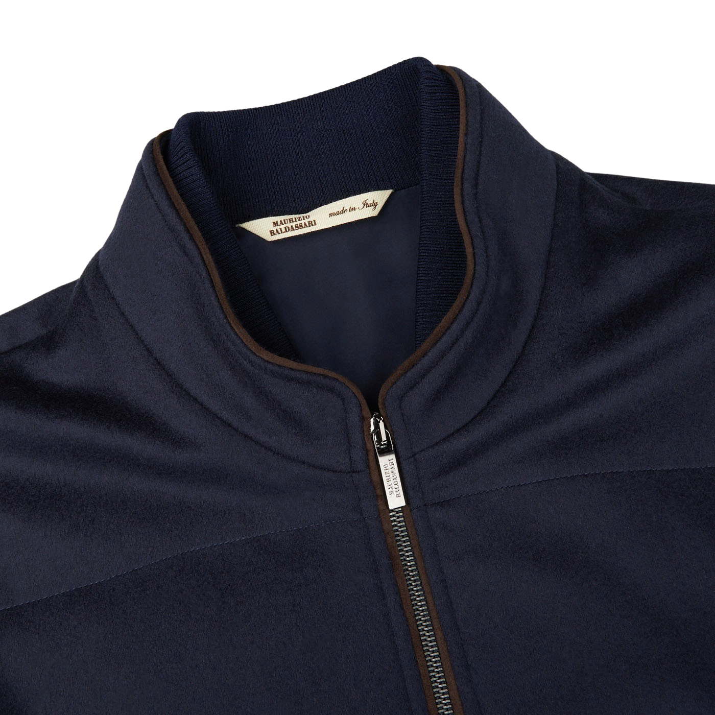 The Maurizio Baldassari Navy Water Repellent Pure Cashmere Gilet, made of cashmere, is shown on a white background.