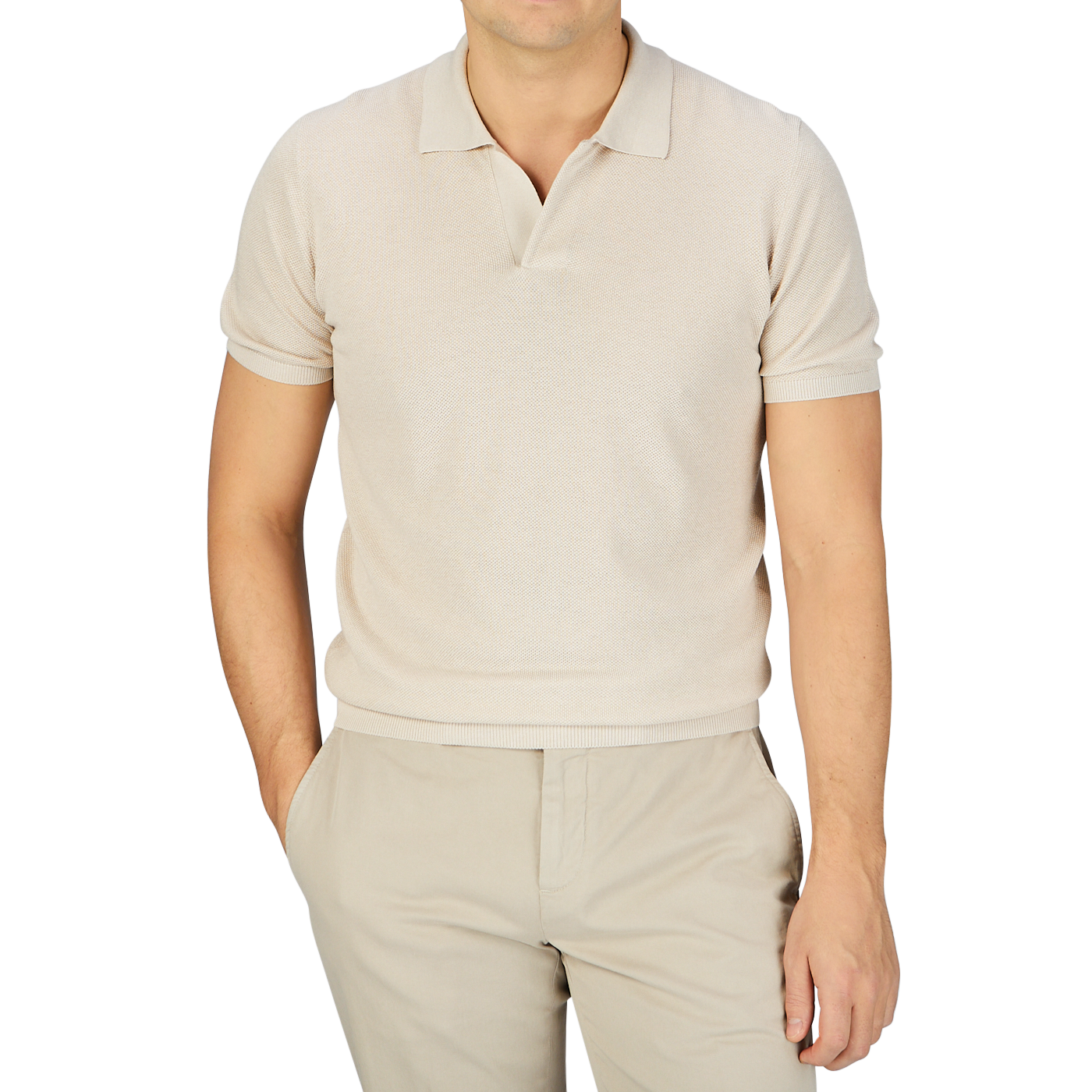 A man in a Mauro Ottaviani Cream Beige Cotton Silk Polo Shirt.