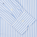 Close-up of a Mazzarelli White Blue Bengal Striped BD Slim Shirt with soft button-down collar details.