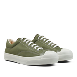 A pair of Olive Green Nylon Gym Court Sneakers with white laces and rubber soles by Moonstar.